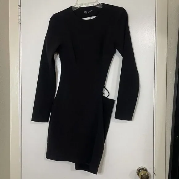 NEW! ZARA black long sleeve lace up asymmetrical mini dress size Small - Picture 3 of 7